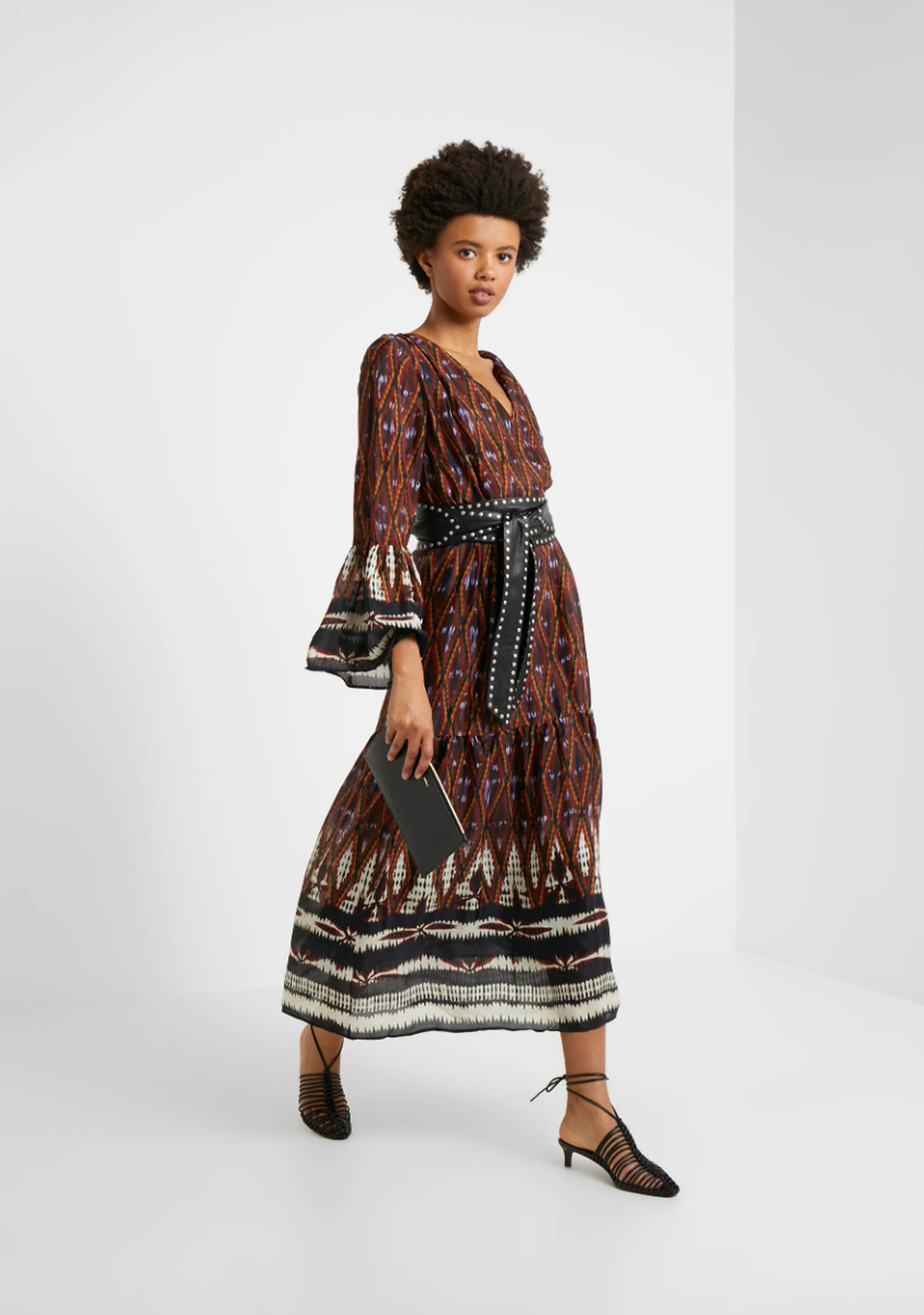 VANESSA BRUNO Melissandre Silk Bell Sleeve Maxi Boho Batik Dress Saks 36 S $485